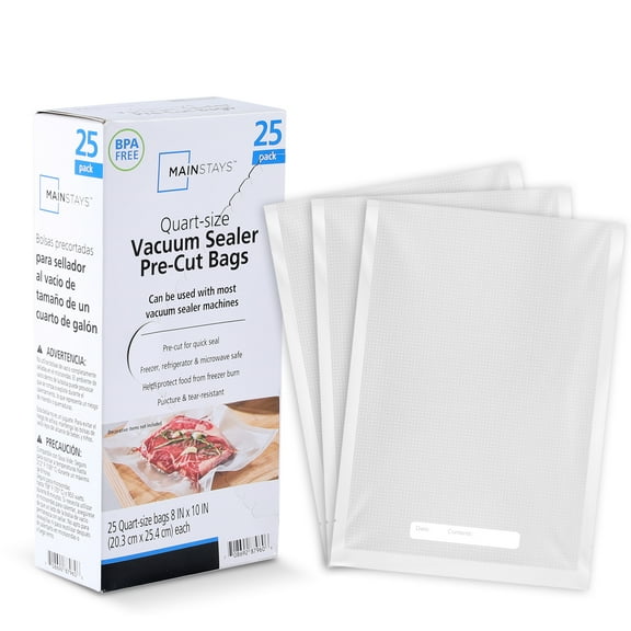Mainstays Pre-Cut Vacuum Seal Bags, 25ct Quart (8"x10"), BPA-Free & Freezer-Safe, Heavy Duty Food Vacuum Bags for Vacuum Sealer Machines