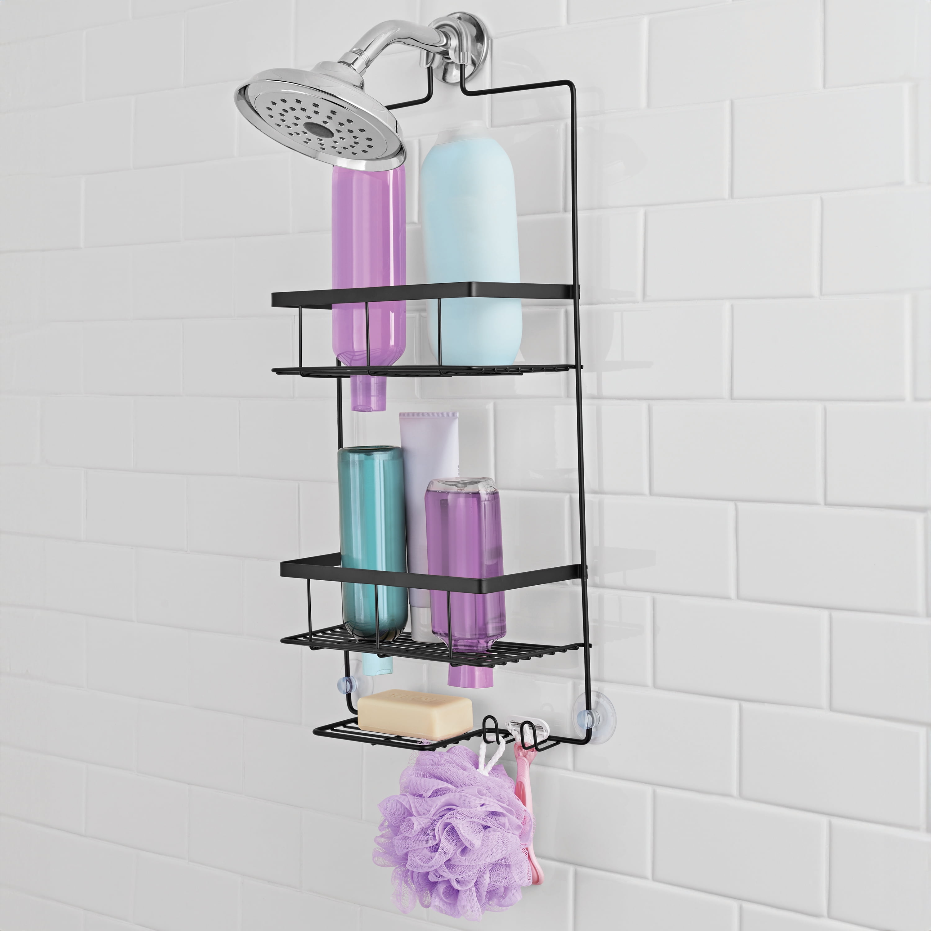 Mainstays Premium Hanging Shower Caddy with 2 Shelves and Soap Tray, Matte Black