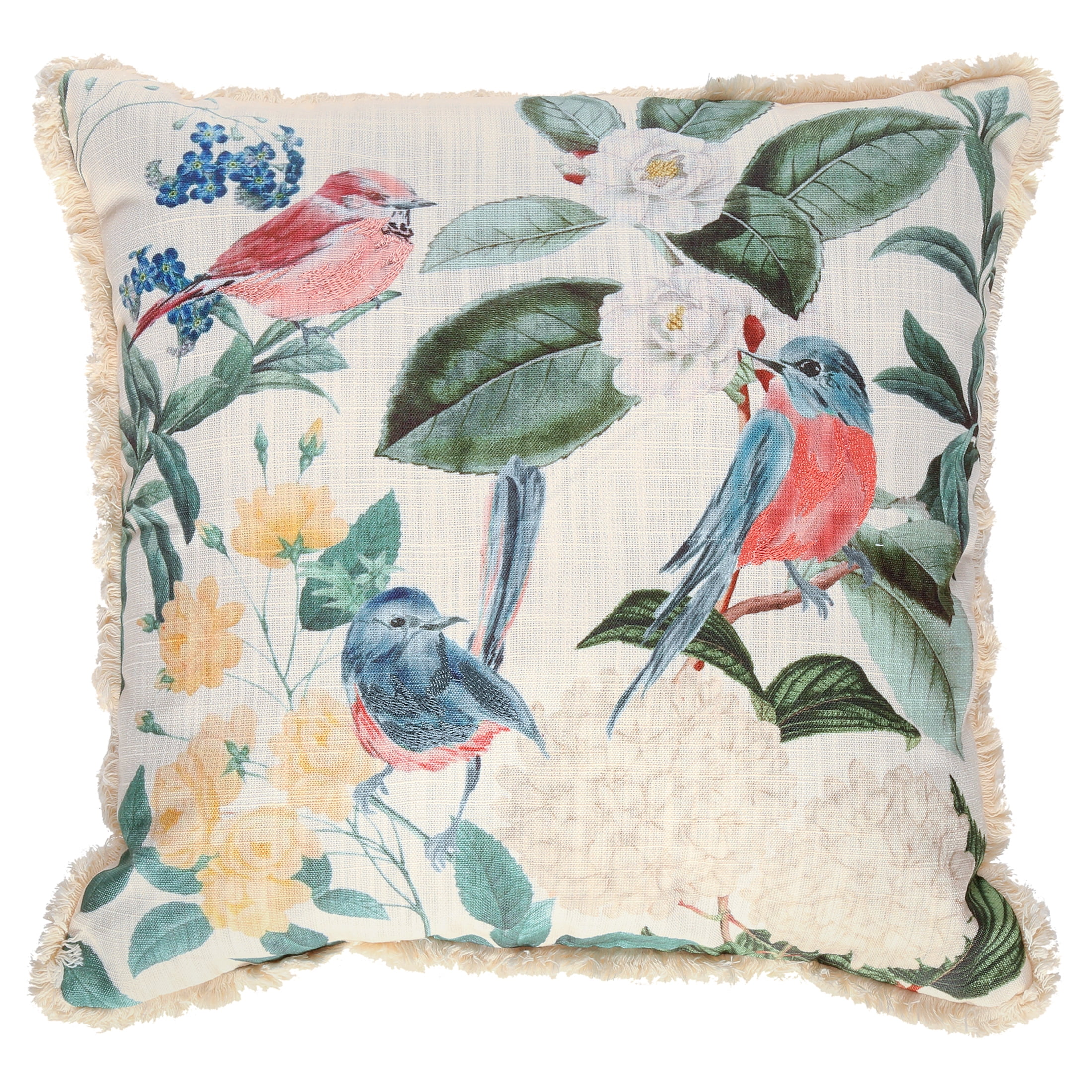 Embroidered Multicolor Bird Print 18'' Square Polyester Pillow