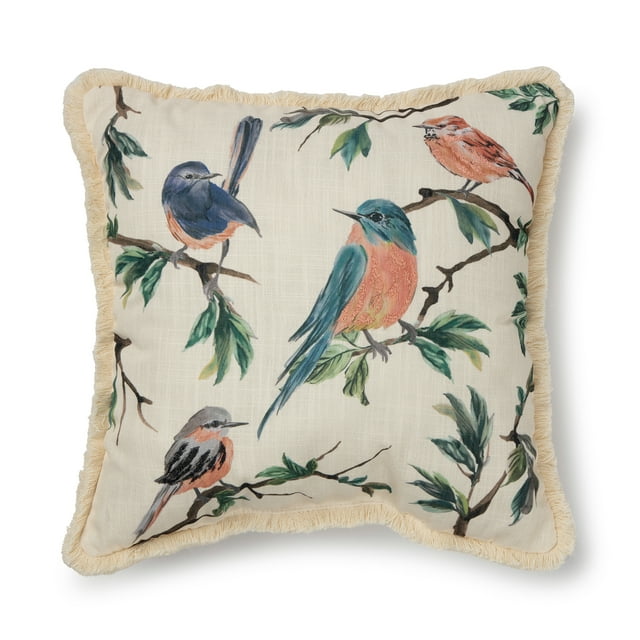 Mainstays Printed Bird Decorative Square Pillow, 18x18, Multi-Color, 1 per Pack