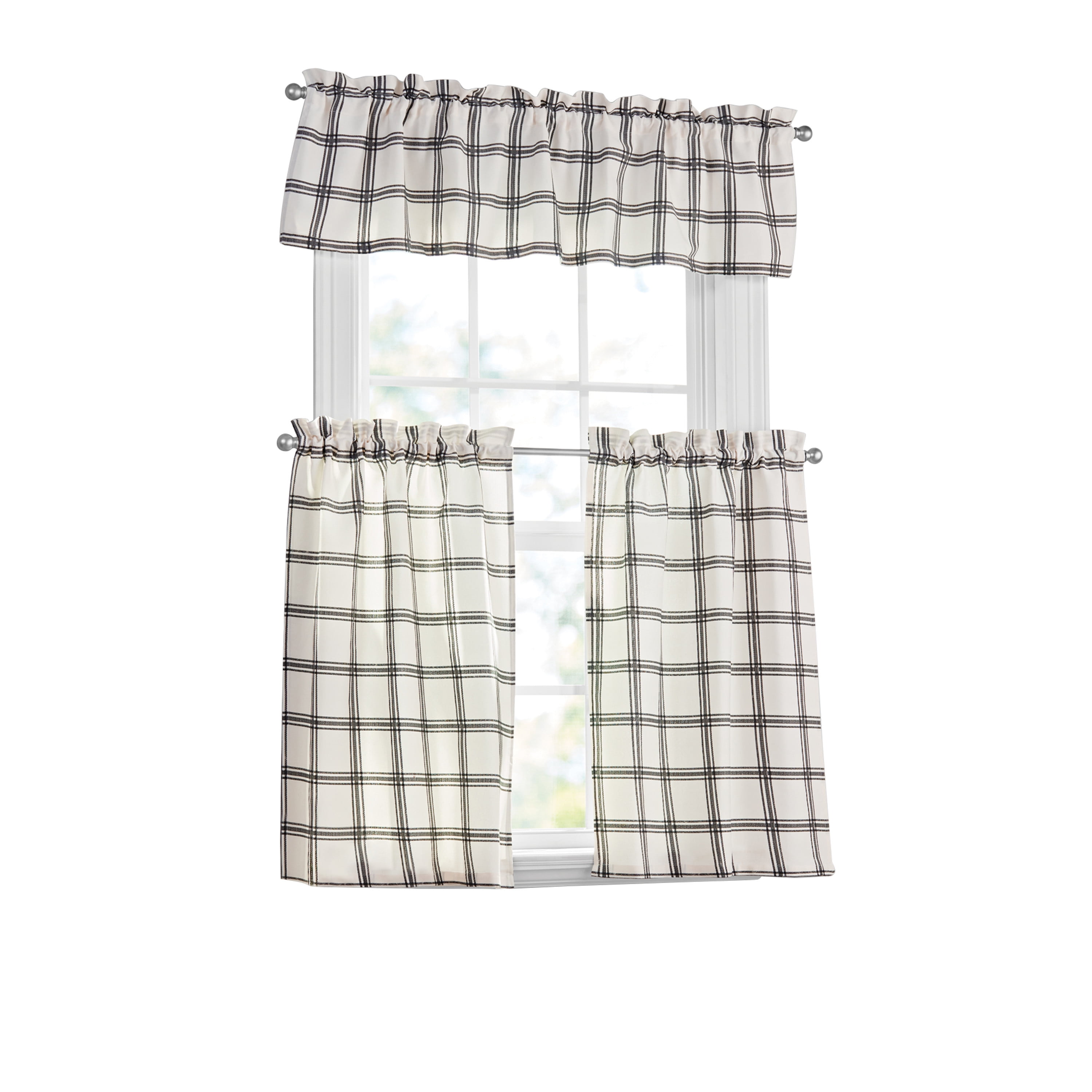 Black and White Plaid Light-Filtering Kitchen Curtain Set