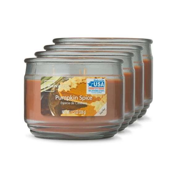 Mainstays Pumpkin Spice Scented 3-Wick Glass Jar Candle, 11.5 oz., 4-Pack