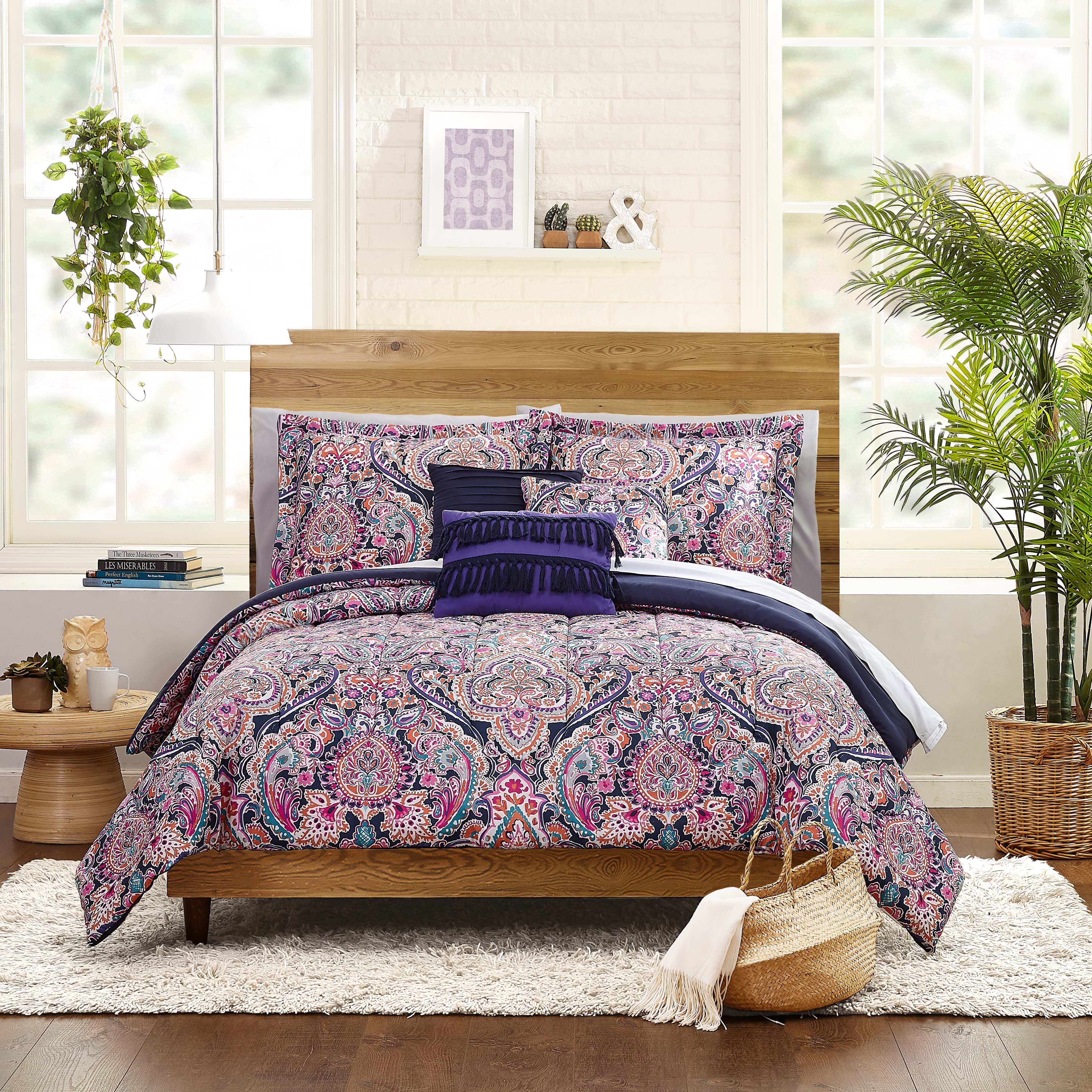 Mainstays Purple and Blue Medallion 10 Piece Bed in a Bag Comforter Set With Sheets, Queen