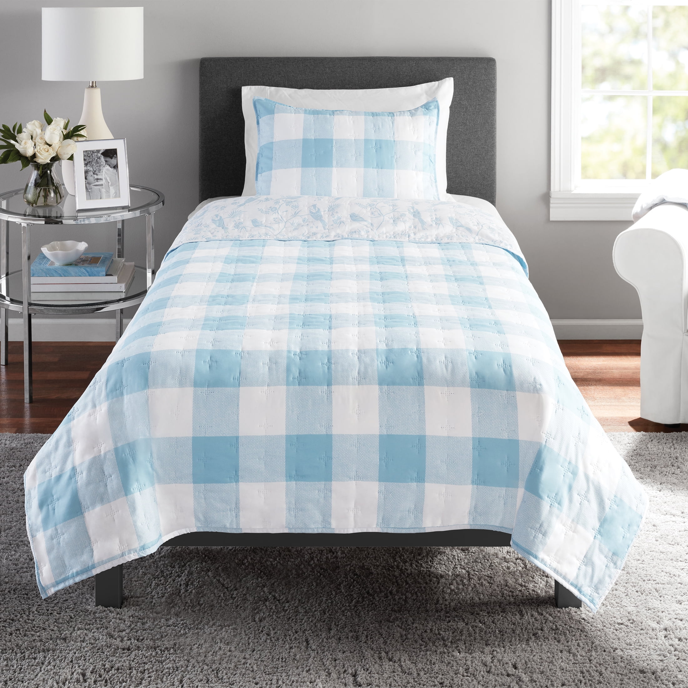 Mainstays Quilt Set, Twin, Blue, 3 Piece