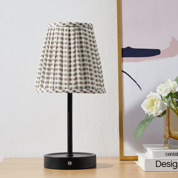Mainstays Rechargeable Cordless Table Lamp, 12.75 in, Gingham Fabric Shade, Touch Control, 3 Color Modes, Dimmable