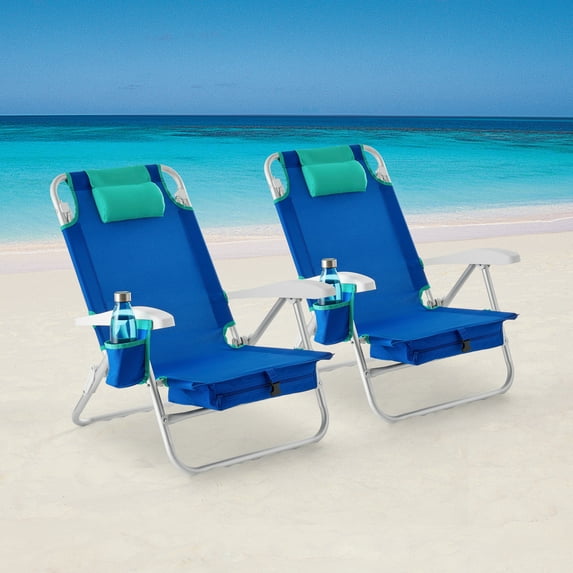 Mainstays Reclining and Lay Flat 2-Pack Beach Chair with Backpack Straps, Blue