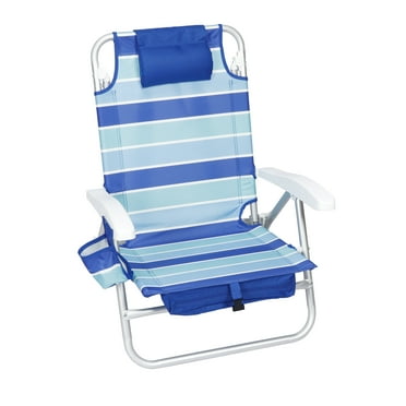 Mainstays Reclining and Lay Flat Beach Chair with Backpack Straps, Blue Cabana Stripe