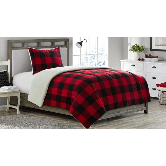 Mainstays Red Buffalo Reversible to Sherpa Comforter Set for Men and Women, Full/Queen