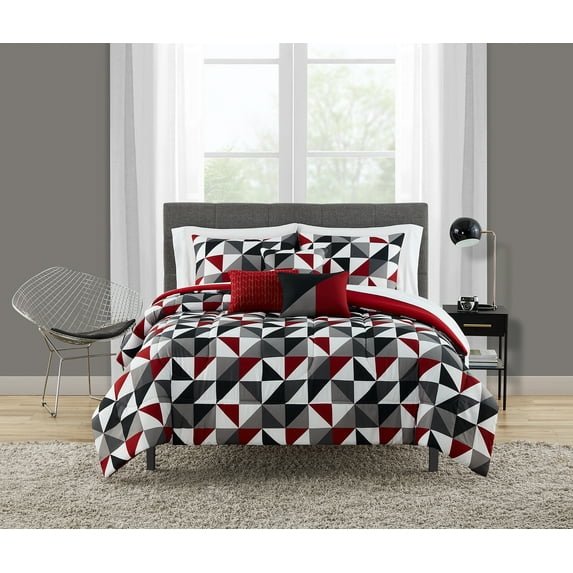 Mainstays Red Geometric 8 Piece Bed in a Bag , Twin/Twin XL