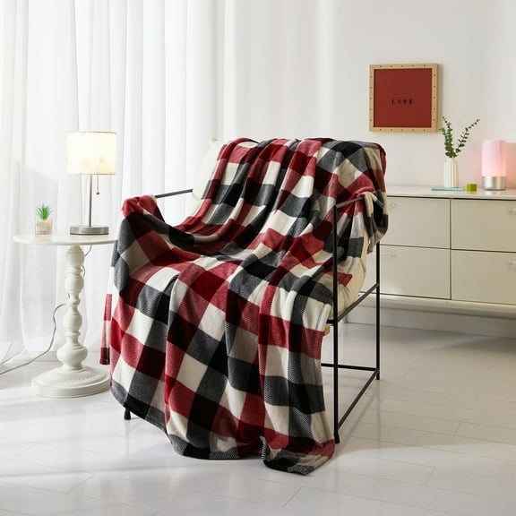 Mainstays Cozy Plush Throw Blanket, Red Plaid 50" x 60" All Ages