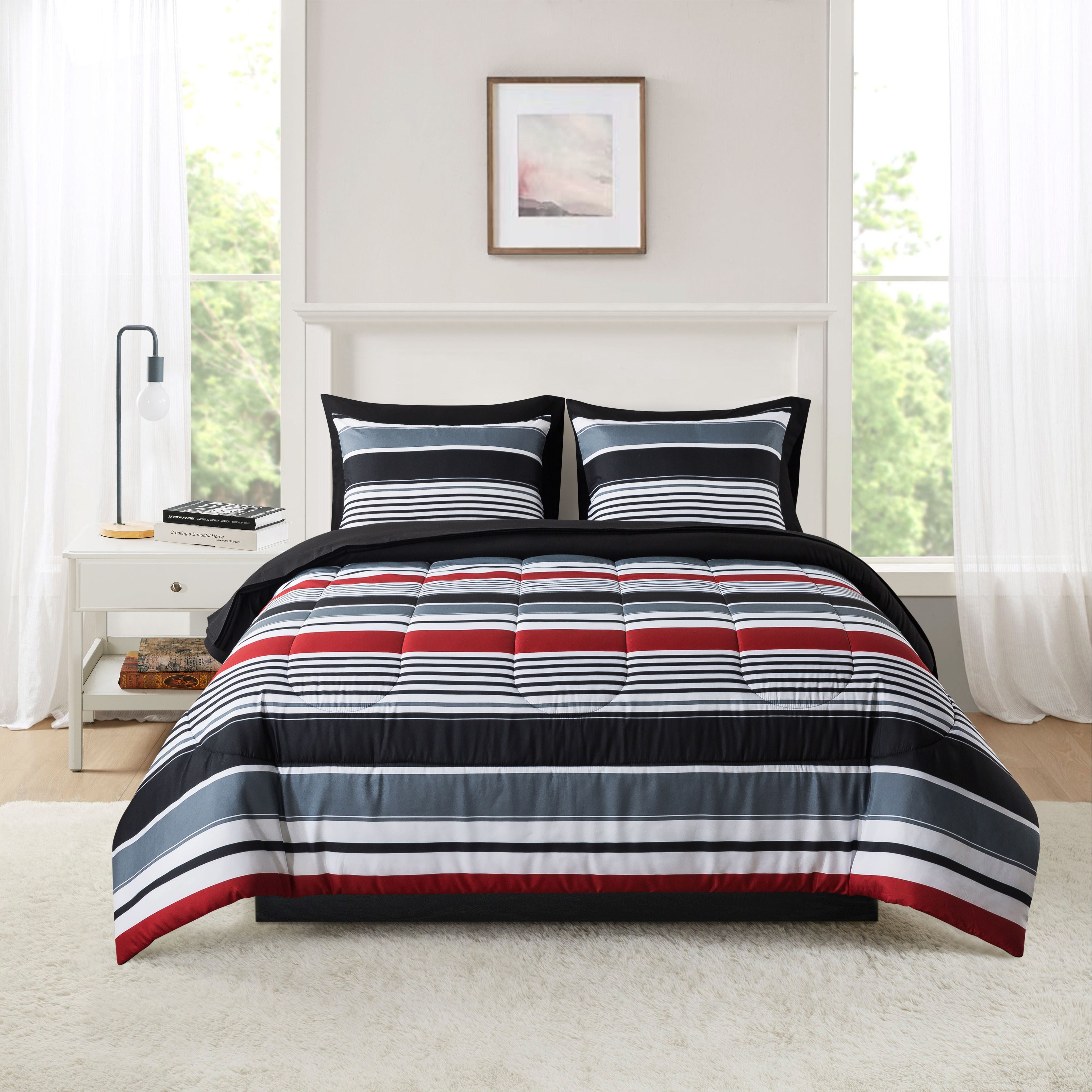 Mainstays Red Stripe Reversible 5-Piece Bed in a Bag Comforter Set with Sheets, Twin XL, Adult ...