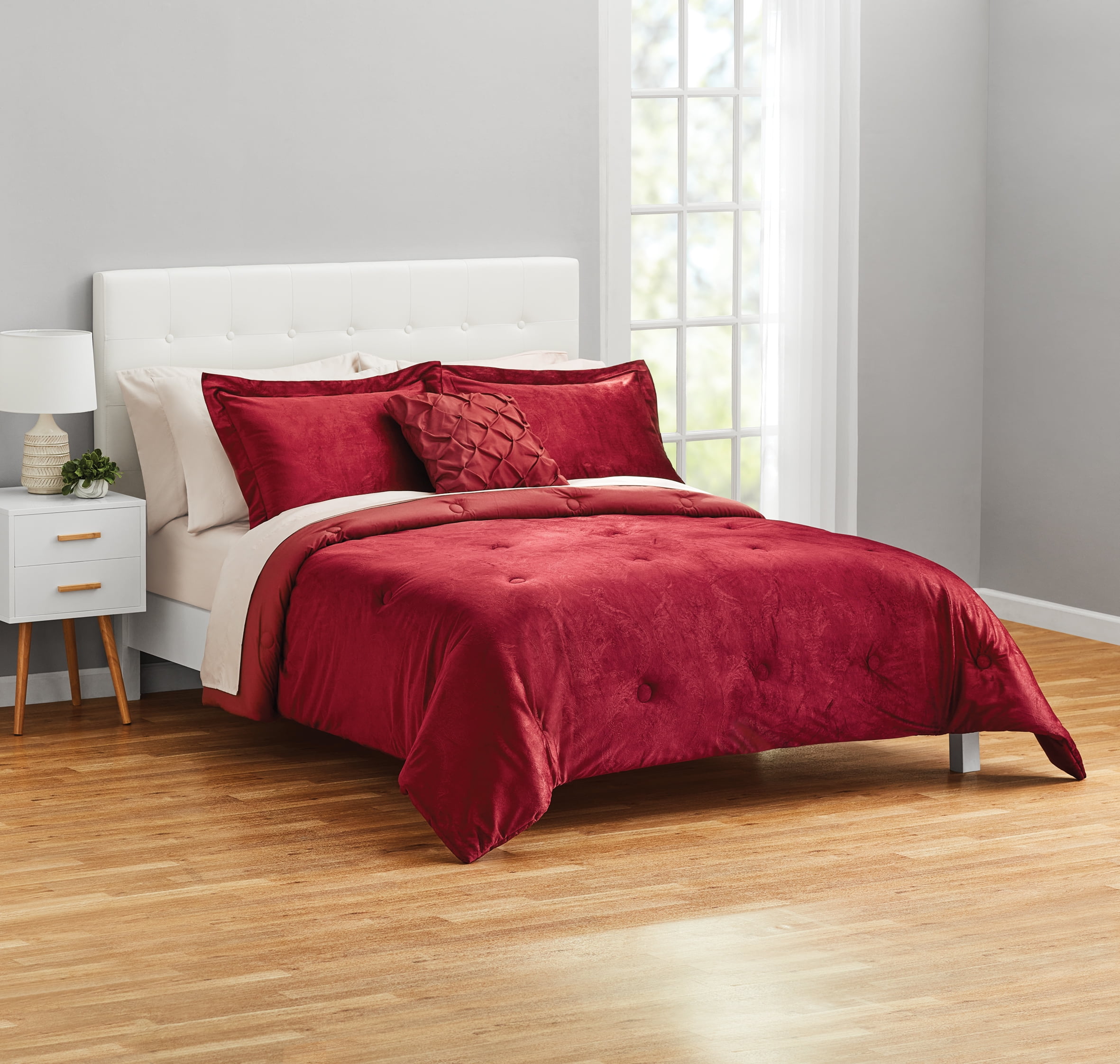 Mainstays Red Velvet Damask 10 Piece Bed in a Bag Comforter Set with