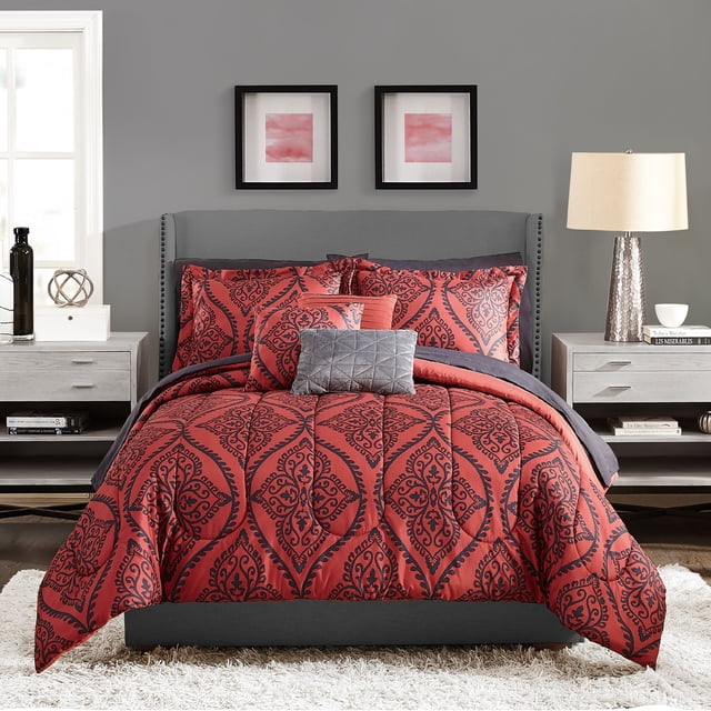 Mainstays 10Piece Red and Black Damask Bed In a Bag with Bonus Sheet