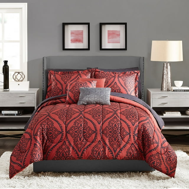 Mainstays Red and Black Damask 10 Piece Bed in a Bag Queen Comforter