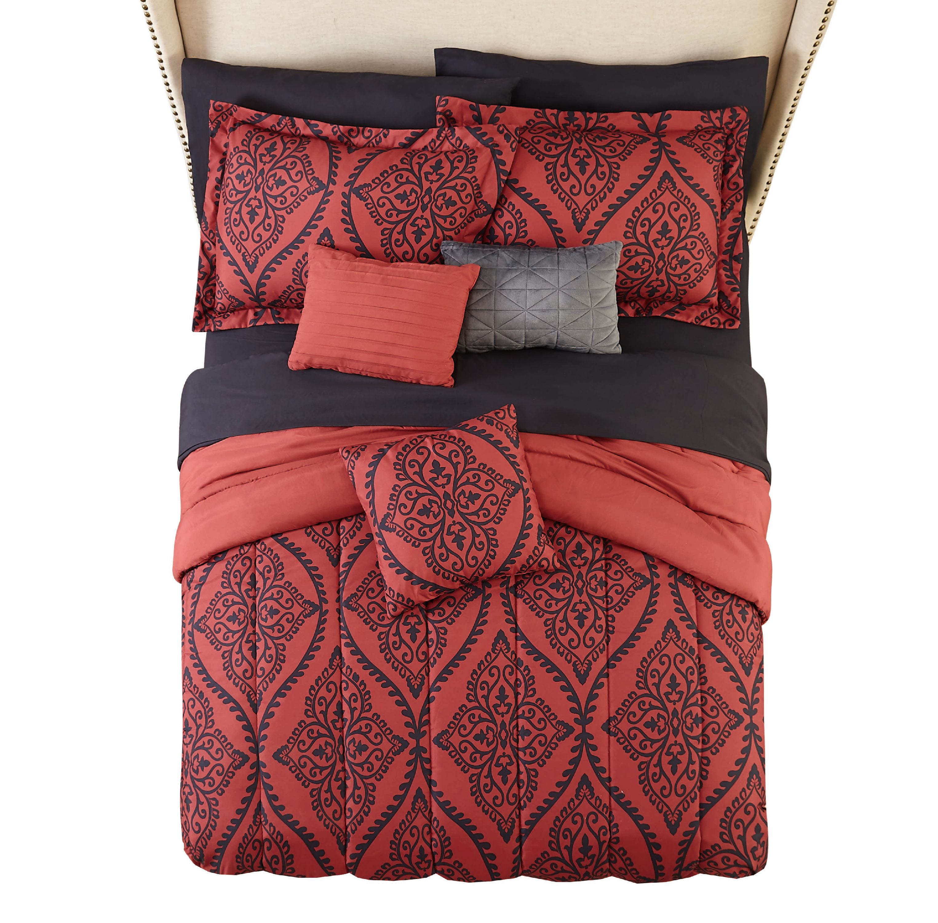 Mainstays Red and Black Damask 8 Piece Bed in a Bag Polyester Comforter