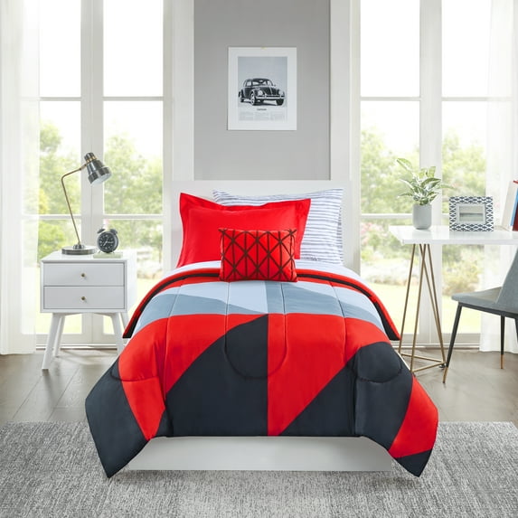 Mainstays Red and Black Geo 6 Piece Bed in a Bag Comforter Set with Sheets, T/Twin XL