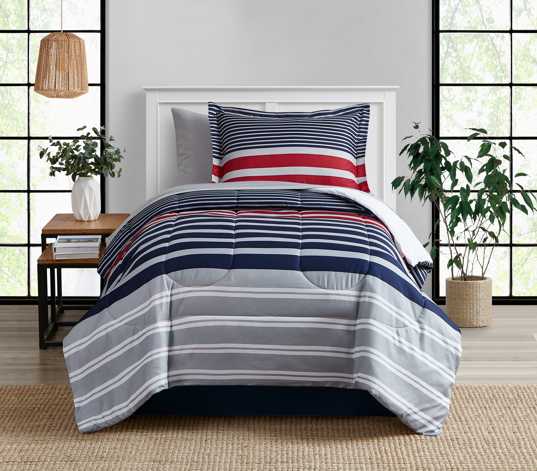 Mainstays Red and Blue Stripe 6 Piece Bed in a Bag Comforter Set with Sheets, Twin - image 1 of 9