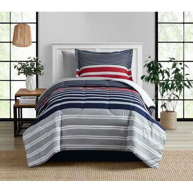Mainstays Red and Blue Stripe 6 Piece Bed in a Bag Comforter Set with Sheets, Twin