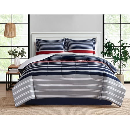 Mainstays Red and Blue Stripe 8 Piece Bed in a Bag Comforter Set with Sheets, Queen