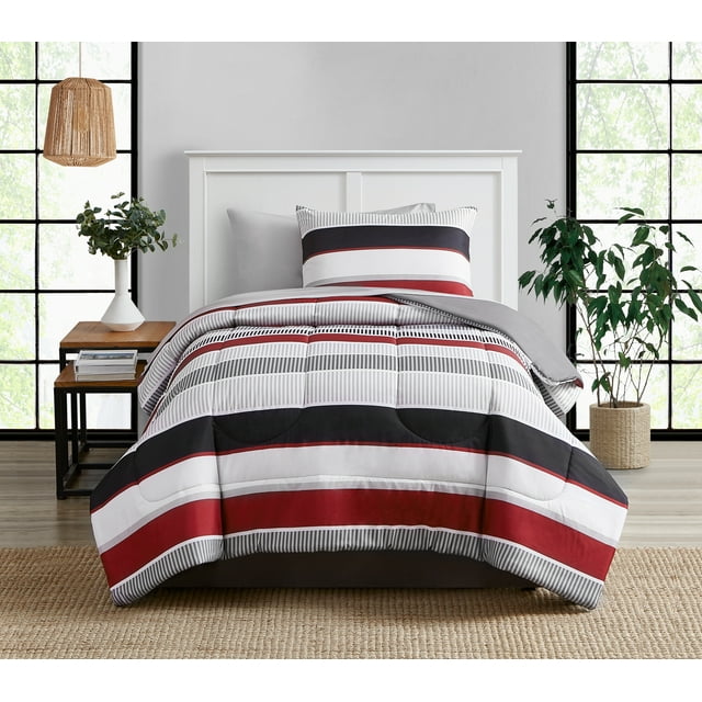 Mainstays Red and Gray Stripe 6 Piece Bed in a Bag Comforter Set With