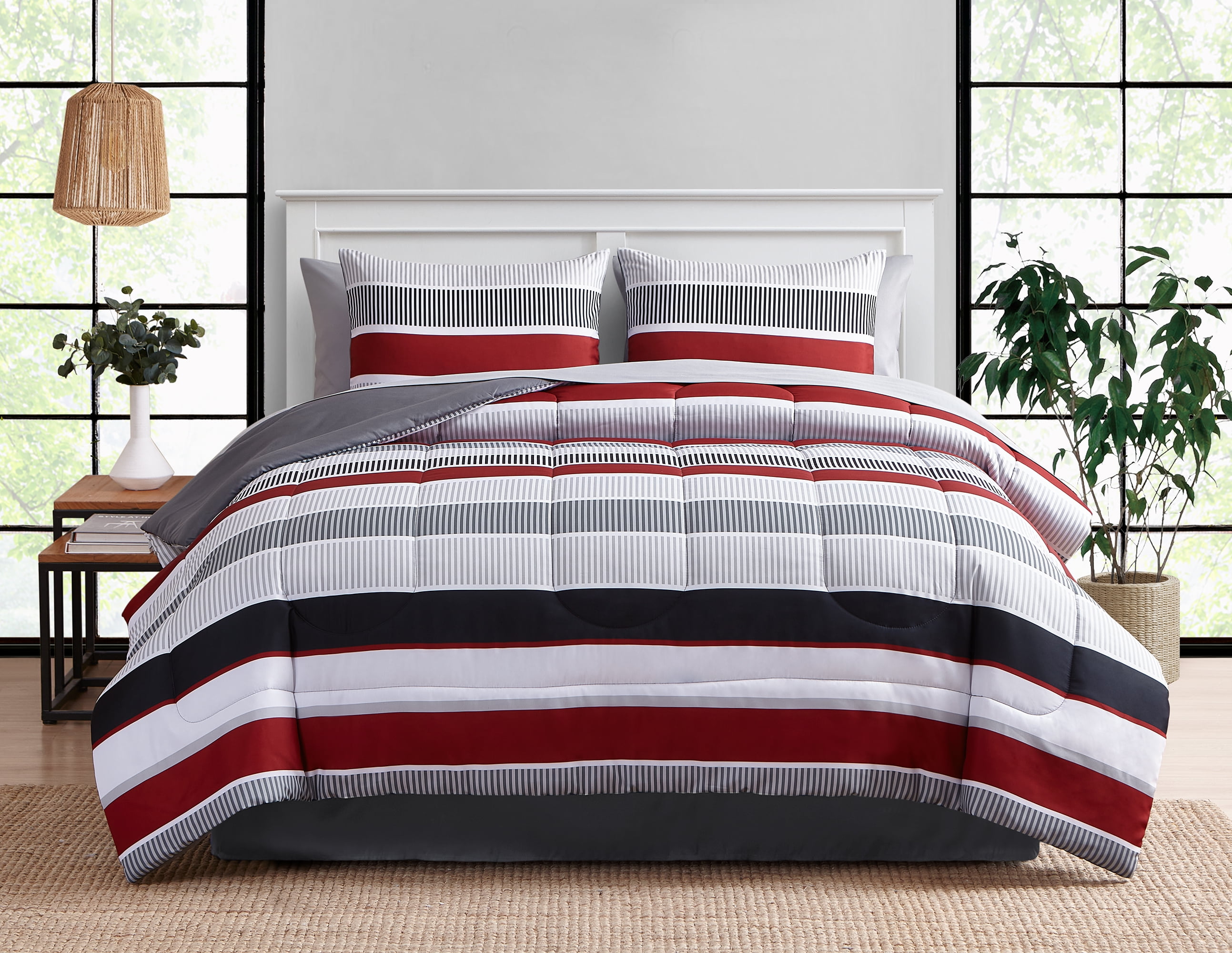 Mainstays Red and Gray Stripe 8 Piece Bed in a Bag Comforter Set With Sheets, Full