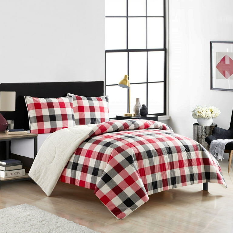 Mainstays Reverse to Sherpa Comforter Set Full Queen Red Plaid Polyester
