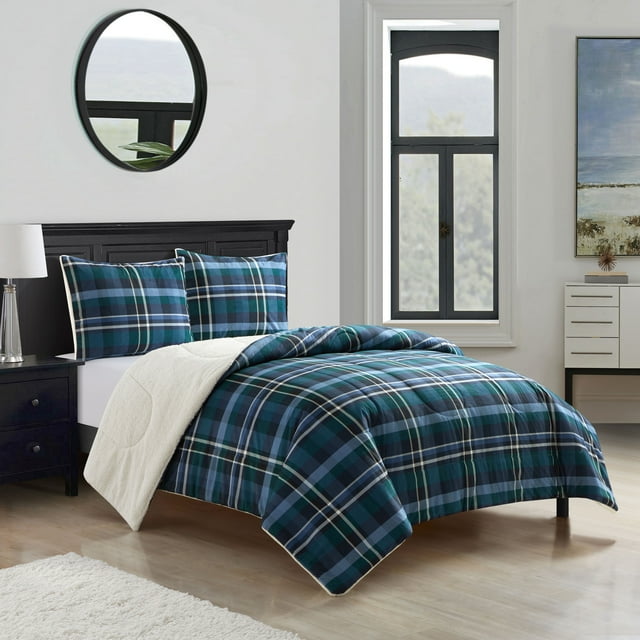 Mainstays Reverse to Sherpa Comforter Set King Polyester, Blue/Green