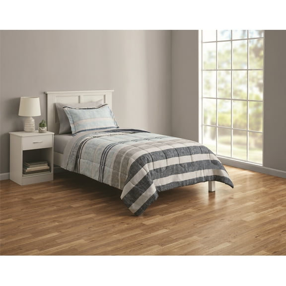 Mainstays Reversible 5 Piece Bed in a Bag Comforter Set with Sheets, Blue and Grey Stripe, Twin-XL