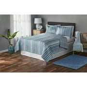 Mainstays Blue & Grey Vertical Stripe Microfiber Quilt, Full/Queen, Reversible, Adult/Teen