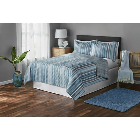Mainstays Blue & Grey Vertical Stripe Microfiber Quilt, Full/Queen, Reversible, Adult/Teen