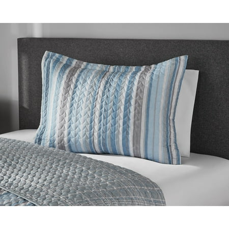 Mainstays Blue & Gray Vertical Stripe Quilt Sham, Reversible, Standard/Queen, 1 pack, Adult/Teen