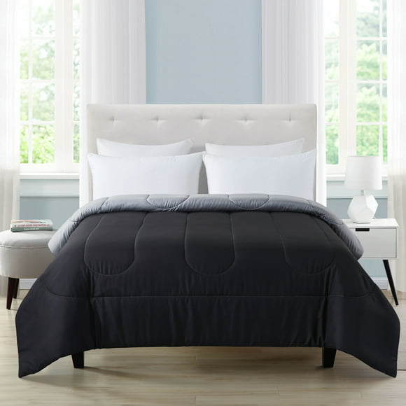 Mainstays Reversible Microfiber Comforter, Black, Full, Queen, Adult, Unisex