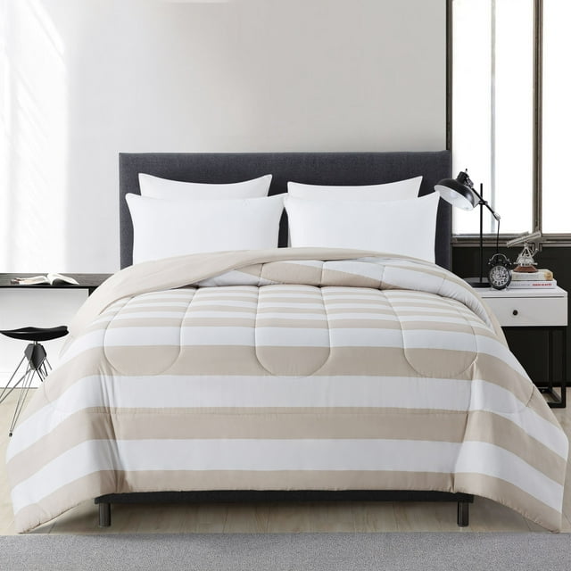 Mainstays Reversible Microfiber Comforter, Tan Stripe, Twin/Twin XL