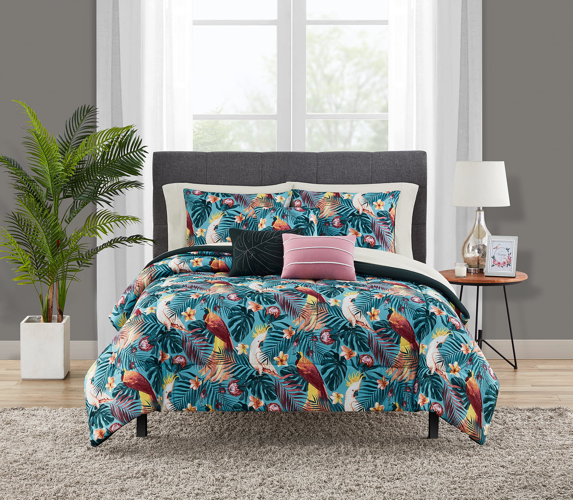 Mainstays Reversible Tropical Birds 8-Piece Complete Bed in a Bag,  Twin/Twin XL