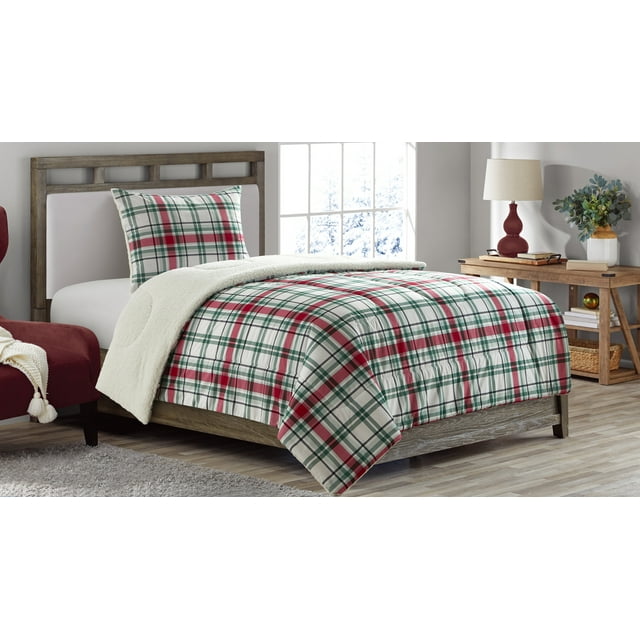 Mainstays Reversible to Sherpa Comforter Set, King, Red/Black