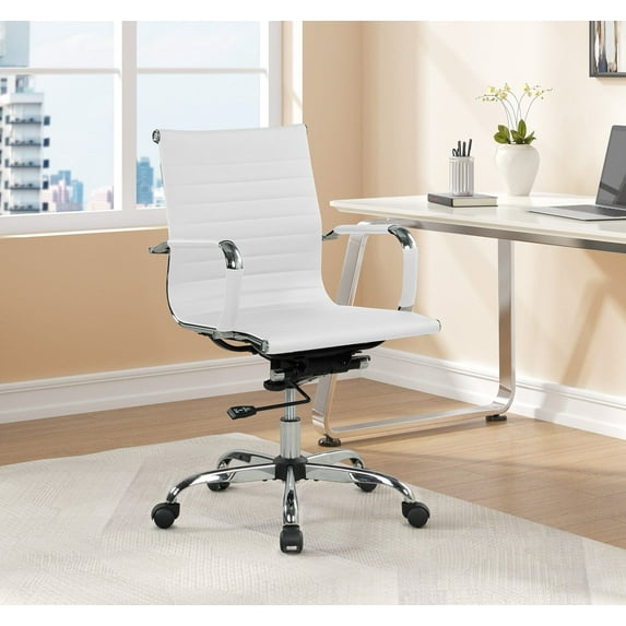 Mainstays Ribbed Back PU Leather Office Chair, Adjustable Height, White, for Teens and Adults