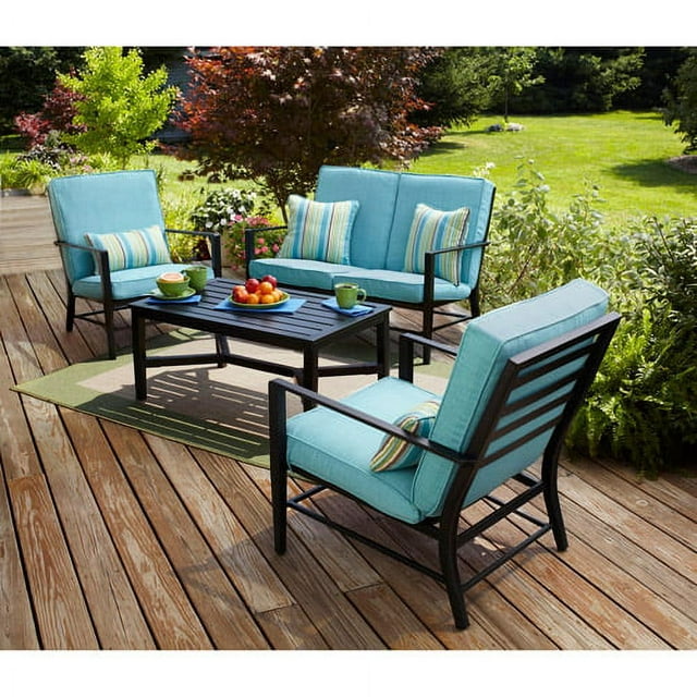 Mainstays Rockview 4-Piece Patio Conversation Set, Seats 4 with Blue Cushions
