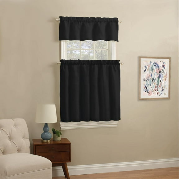 Mainstays Rod Pocket Tier and Valance Kitchen Curtain Set, 3-Piece, Black, 56" W x 36" L