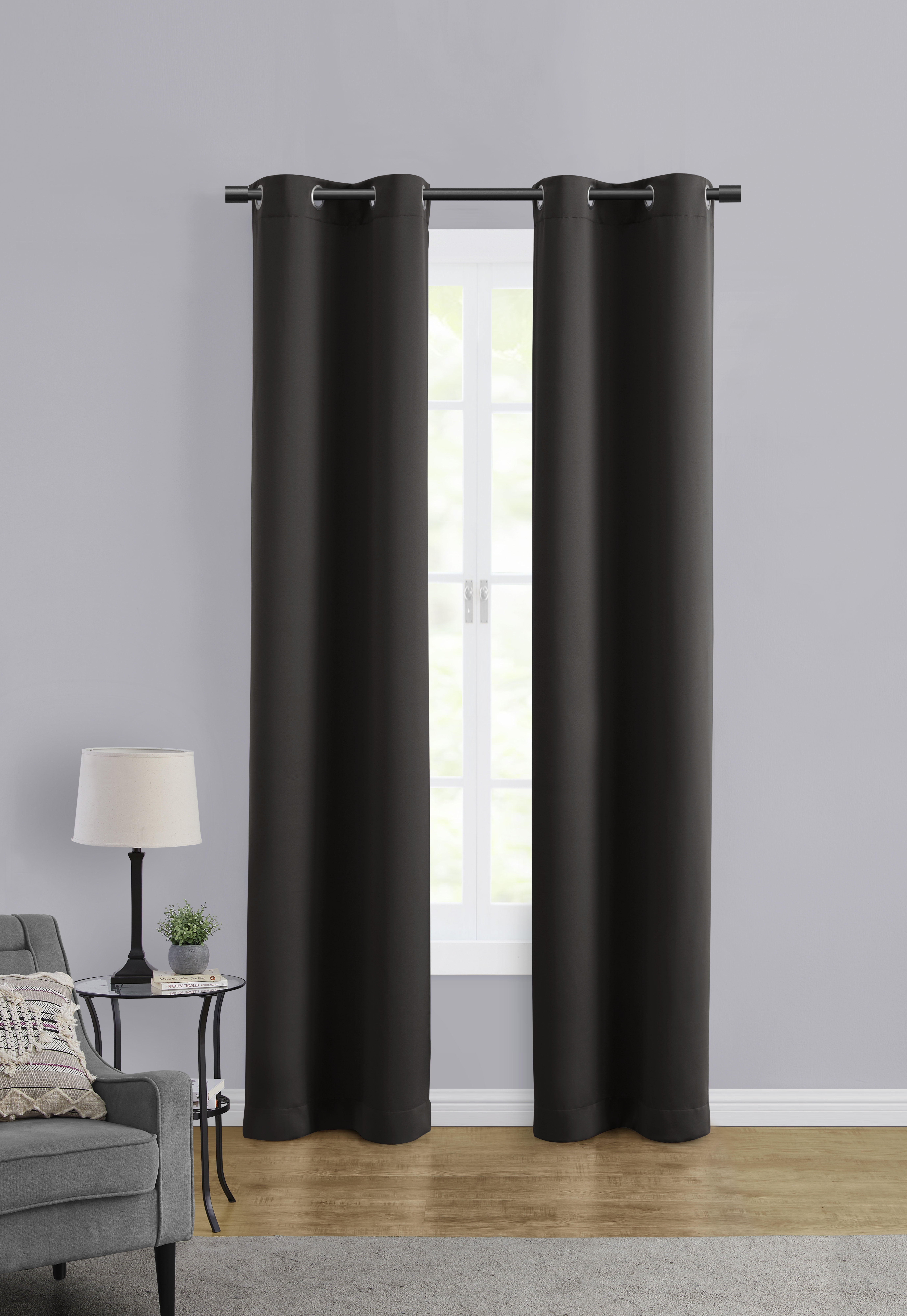 Mainstays Room Darkening Grommet Curtain Panel Pair, Set of 2, Black, 30"W x 84"L