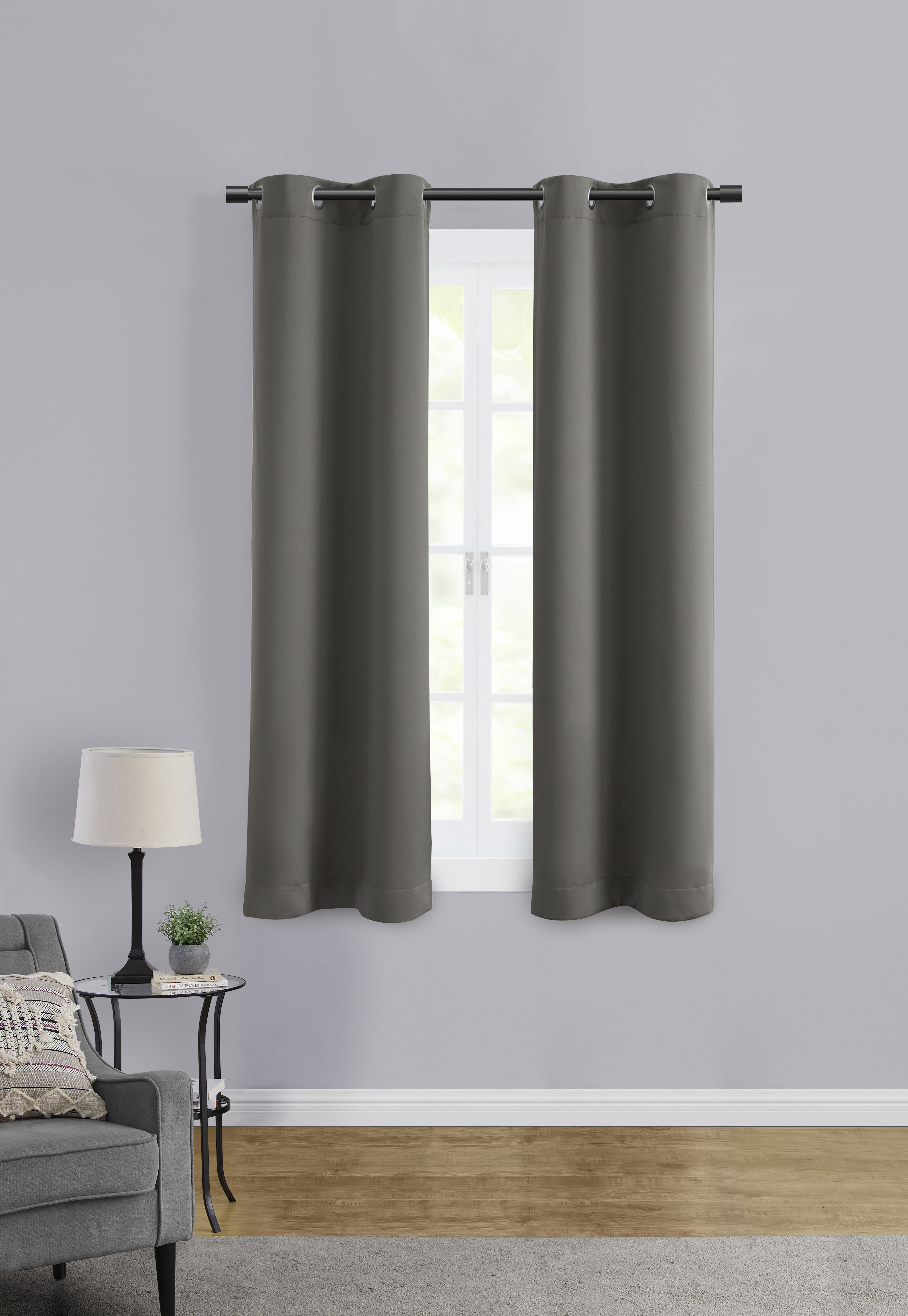 Mainstays Room Darkening Grommet Curtain Panel Pair, Set of 2, Gray, 30"W x 63"L