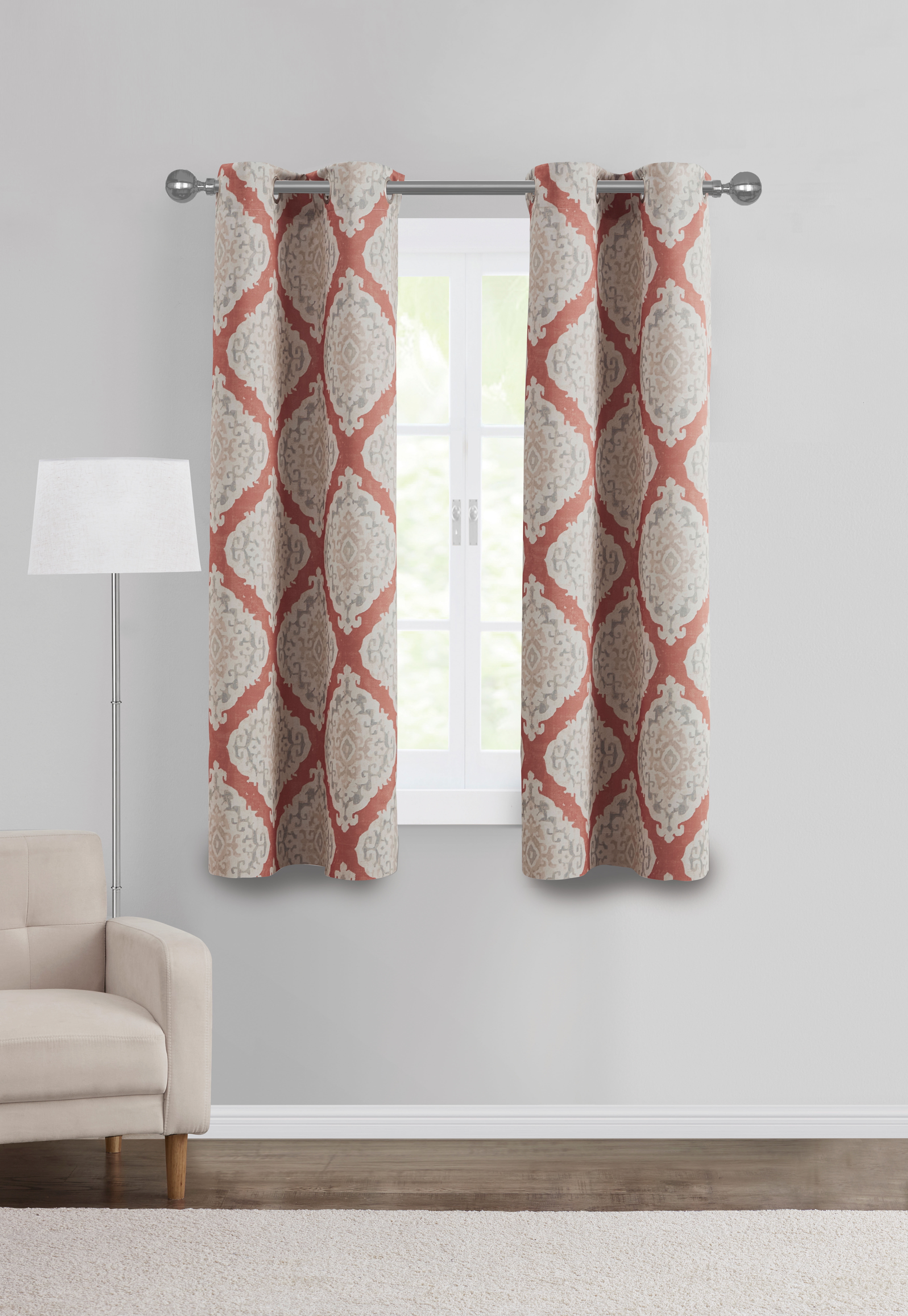 Mainstays Room Darkening Grommet Curtain Panel Pair, Set of 2, Ikat Terracotta, 30"W x 63"L