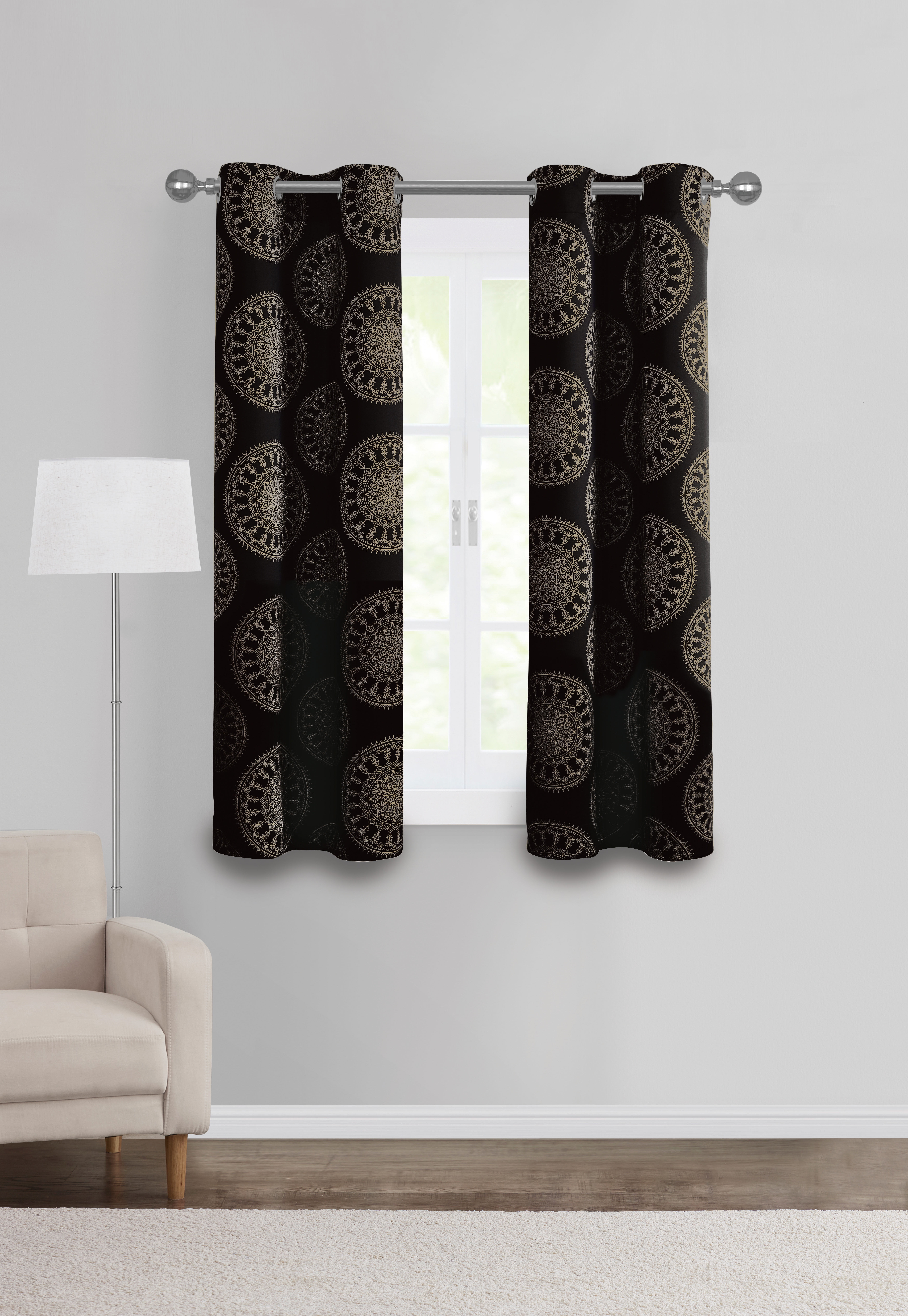 Mainstays Room Darkening Grommet Curtain Panel Pair, Set of 2, Medallion Black, 30"W x 63"L