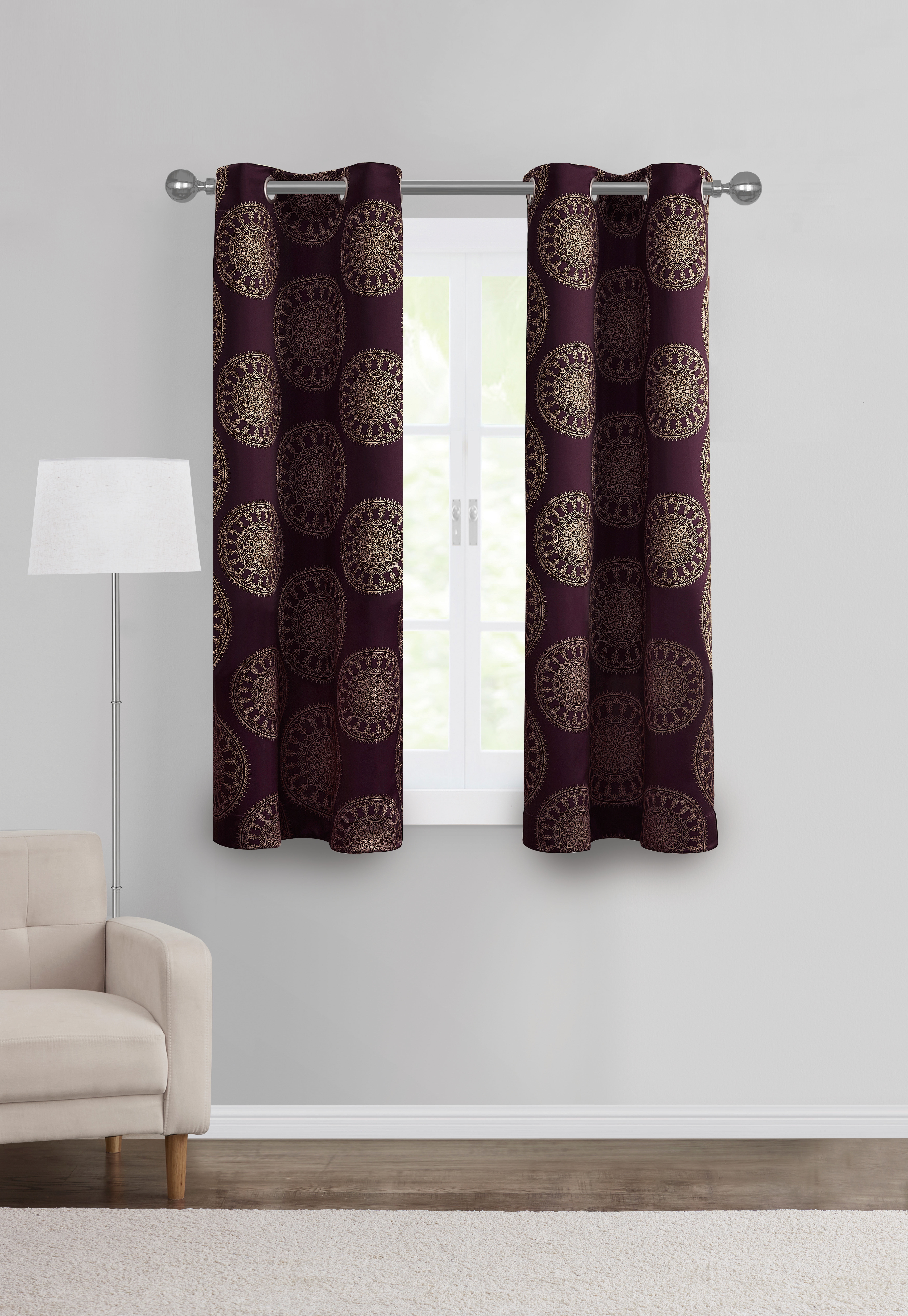 Mainstays Room Darkening Grommet Curtain Panel Pair, Set of 2, Medallion Burgundy, 30"W x 63"L