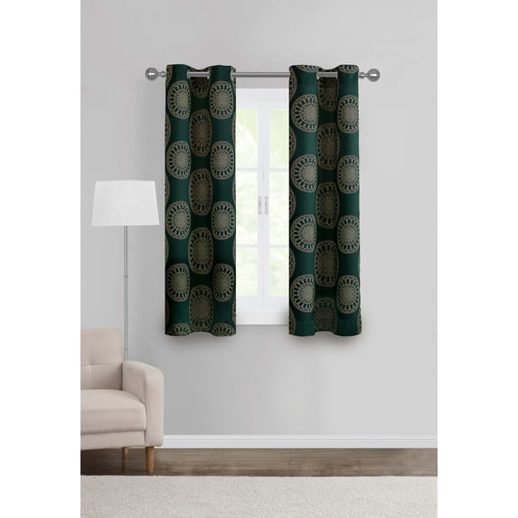 Mainstays Room Darkening Grommet Curtain Panel Pair, Set of 2, Medallion Dark Teal, 30"W x 63"L