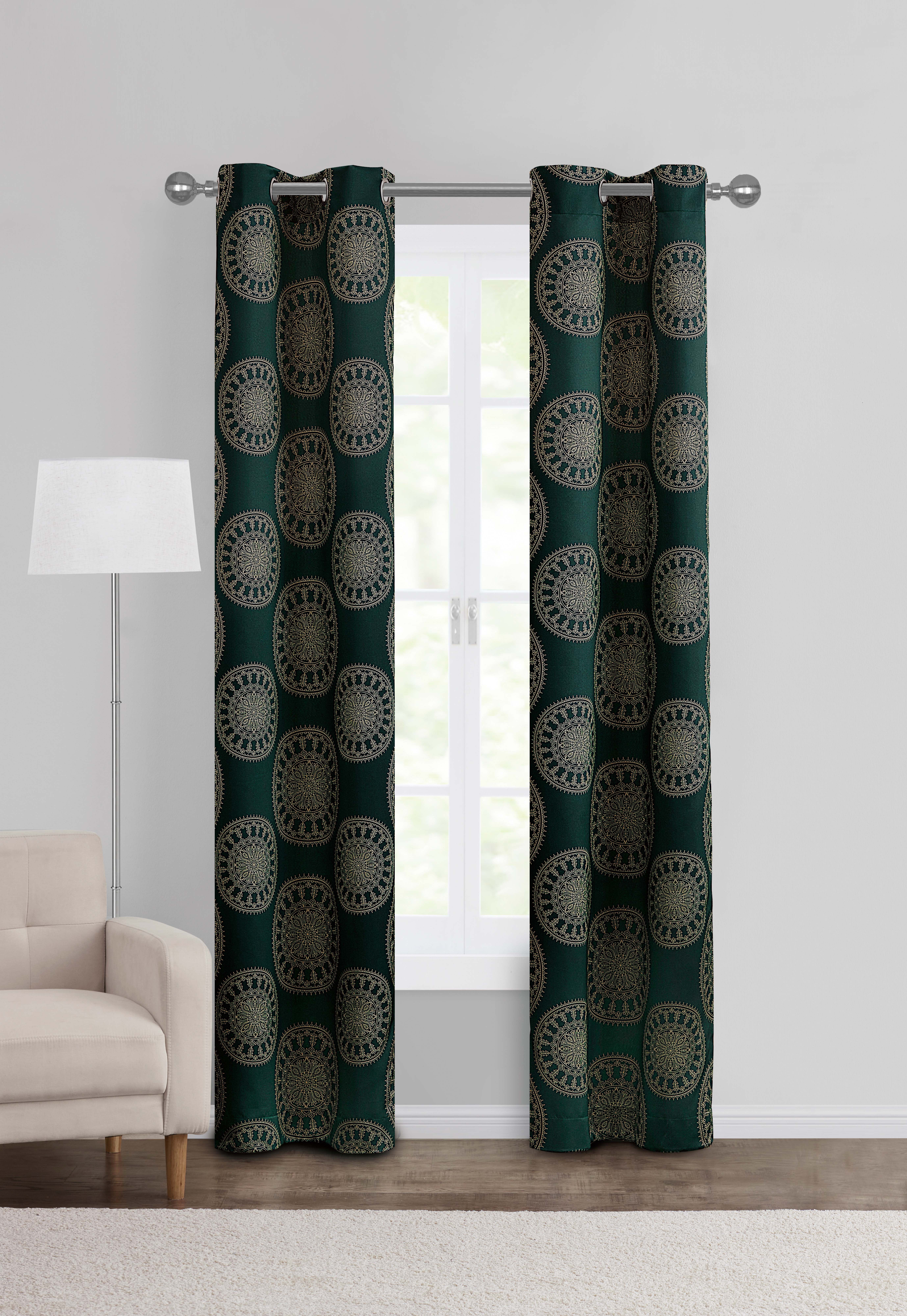 Mainstays Room Darkening Grommet Curtain Panel Pair, Set of 2, Medallion Dark Teal, 30"W x 84"L