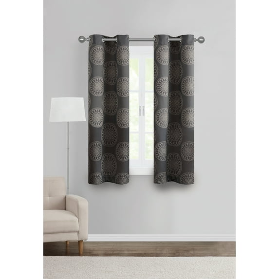 Mainstays Room Darkening Grommet Curtain Panel Pair, Set of 2, Medallion Gray, 30"W x 63"L
