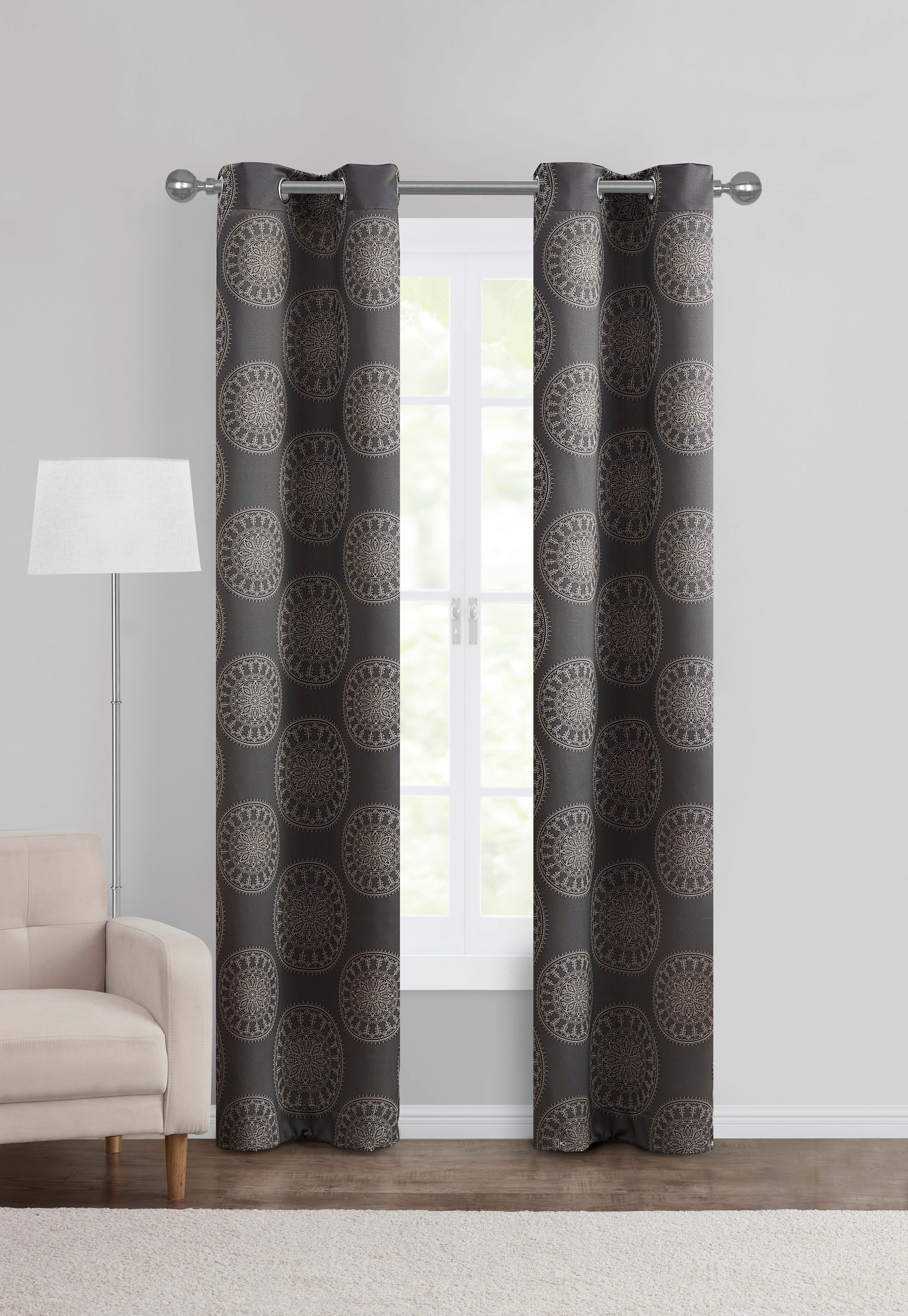Mainstays Room Darkening Grommet Curtain Panel Pair, Set of 2, Medallion Gray, 30"W x 84"L