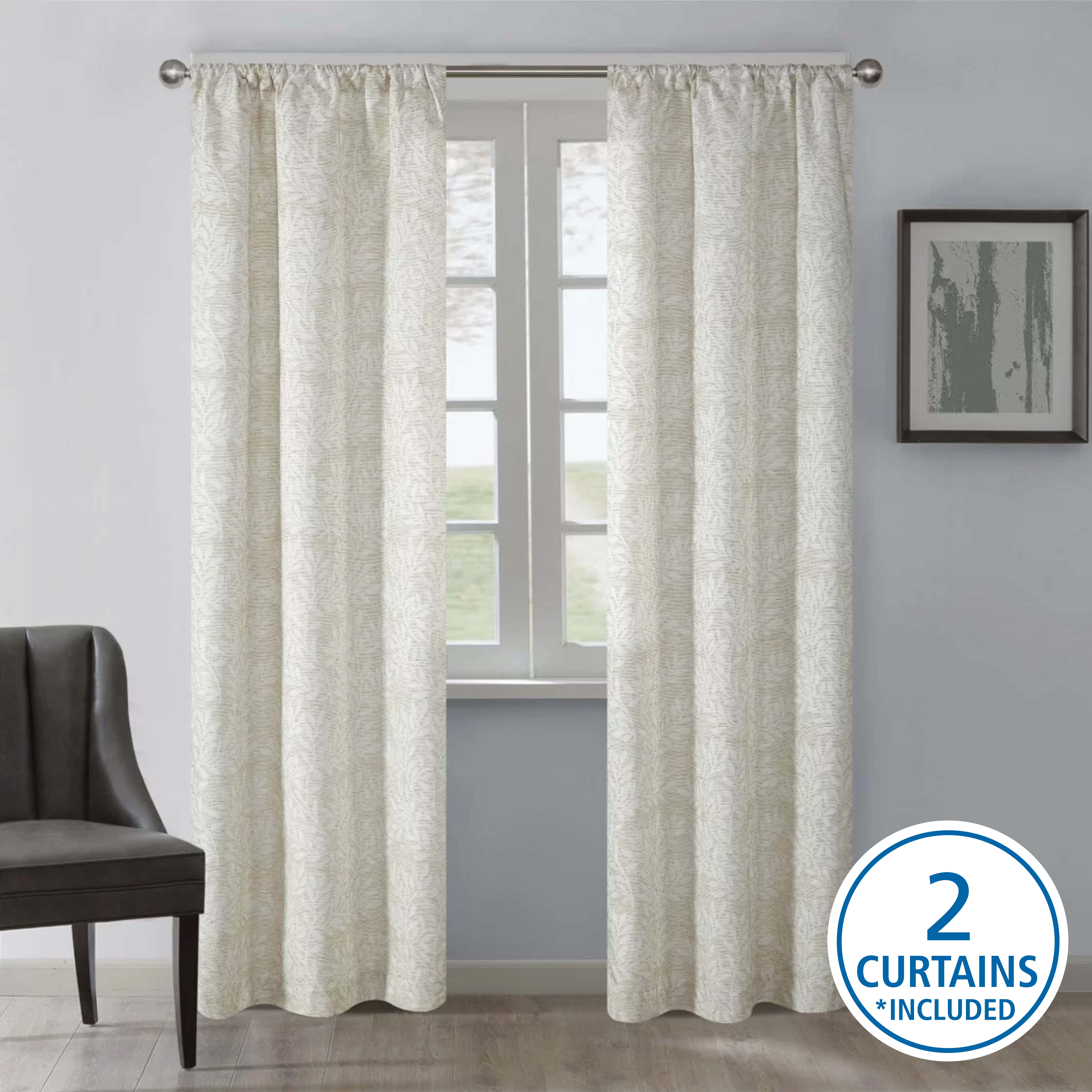 Mainstays Blackout Curtain Printed Jacquard Panel Pair, Set of 2 Ready Made Curtains, Beige Botanical, 37" W x 84" L