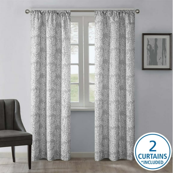 Mainstays Jacquard Blackout Panel Pair, Set of 2 Curtains, Silver Botanical, 37'' W x 84'' L