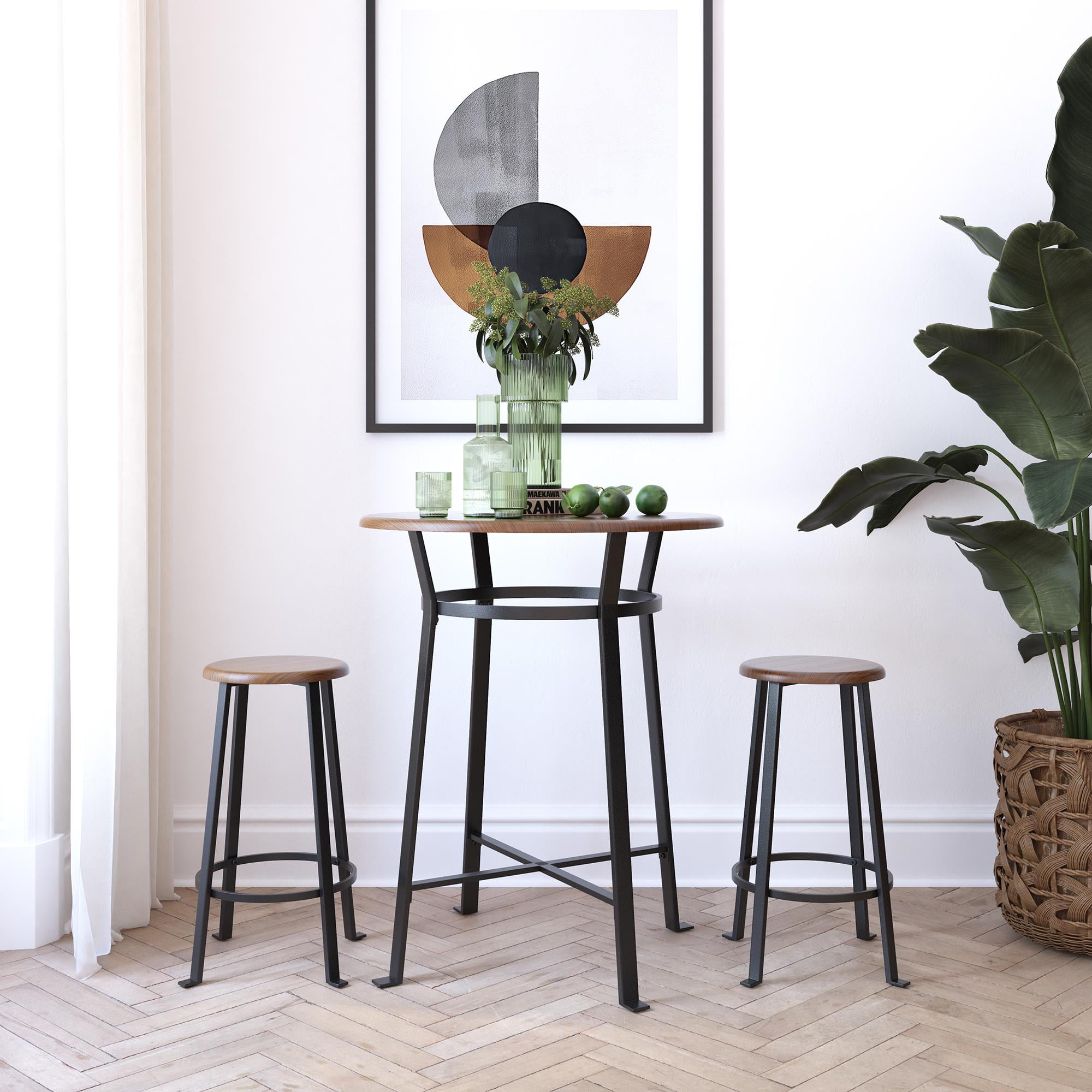 Mainstays Round 3 Piece Metal Pub Set with Wooden Top Dark Mahogany